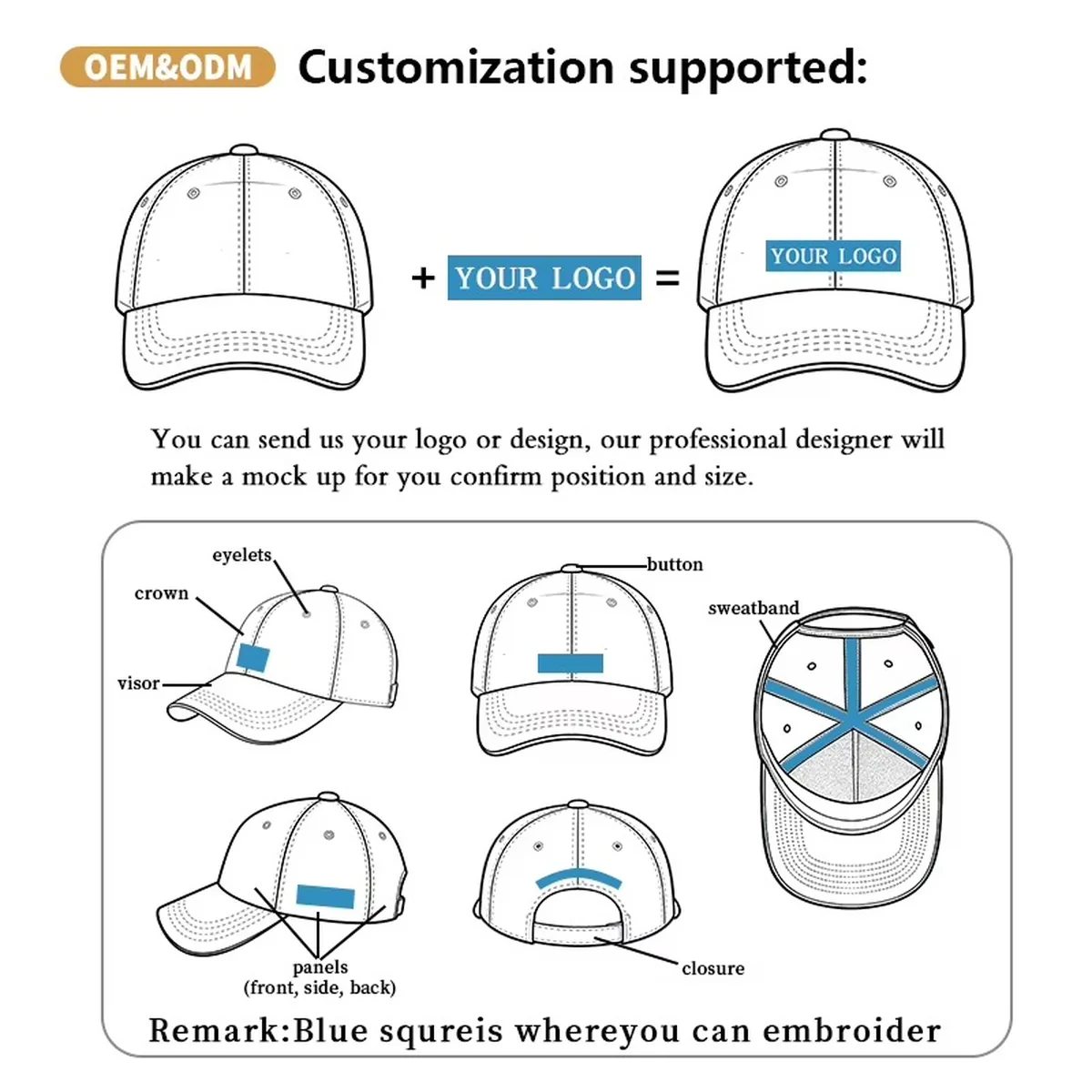 Custom 5 and 6 panel caps for all-over printing