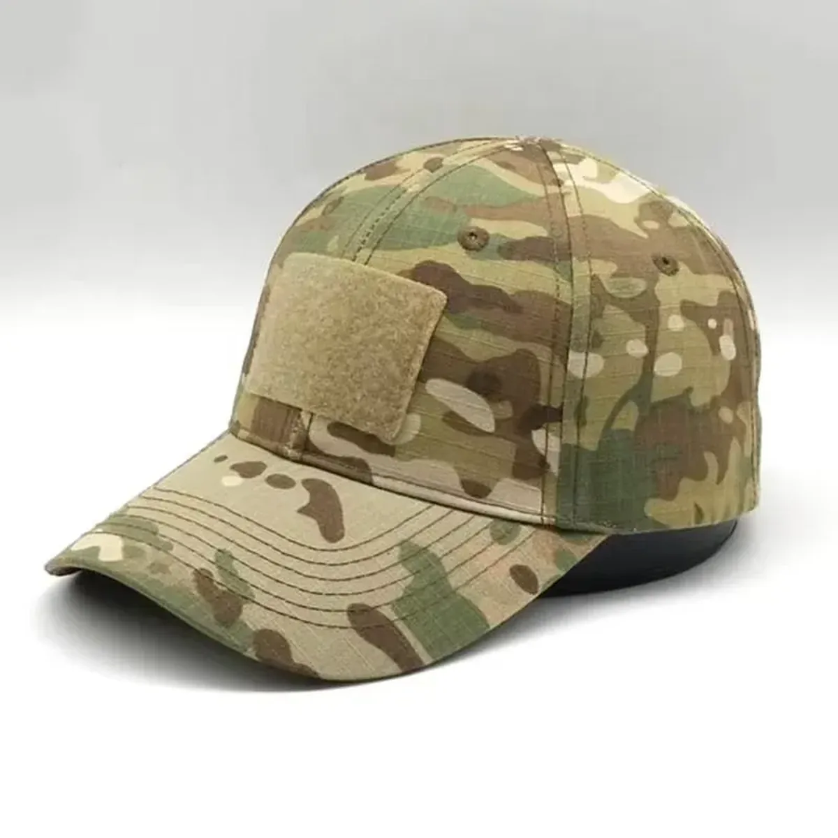Custom camo hat with embroidered logo on the front panel