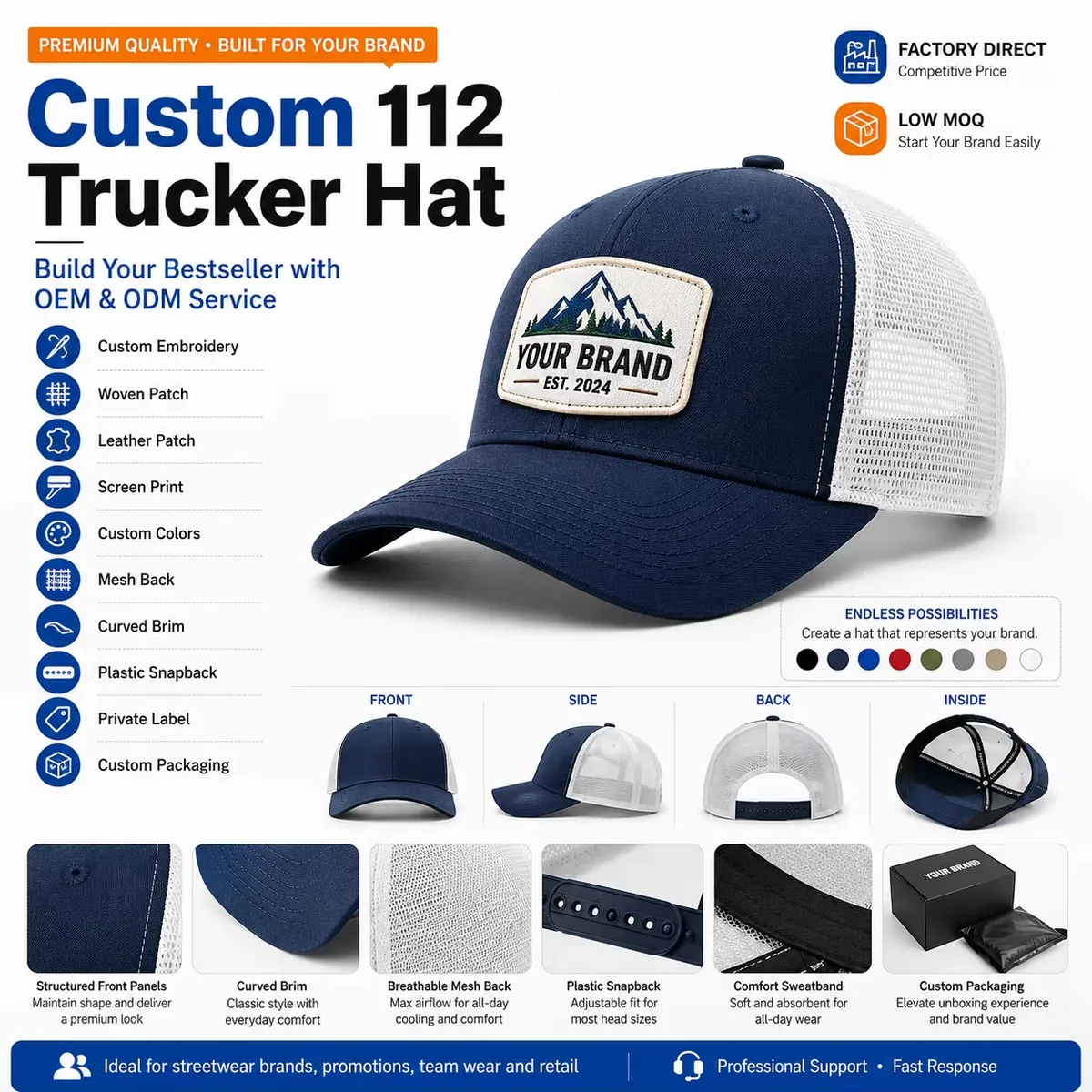 Close-up of custom trucker hat foam front with embroidery